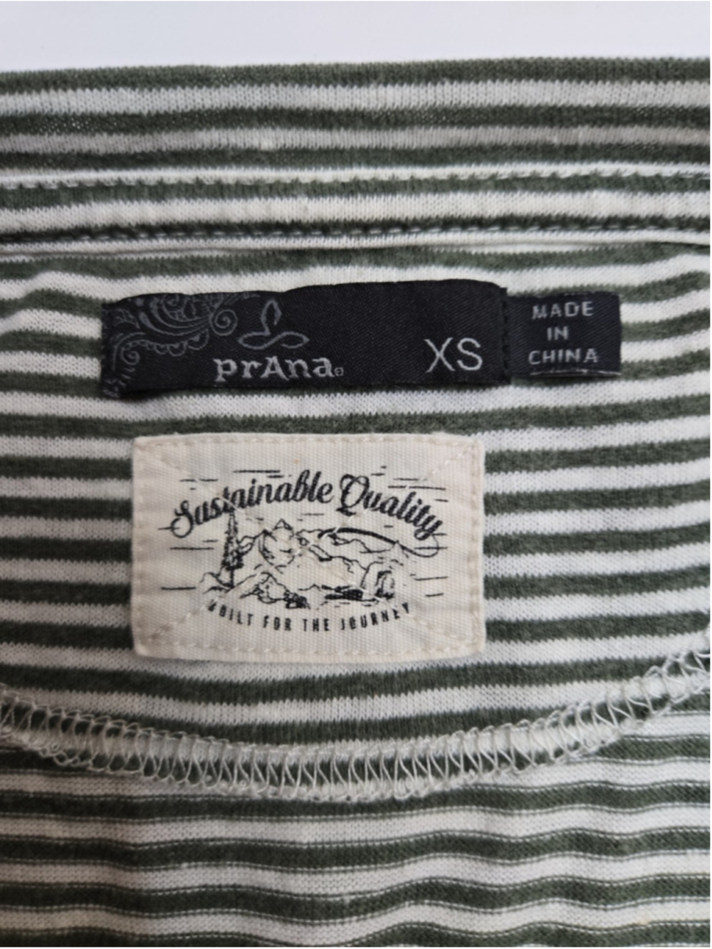 Prana XS Green White Stripe Hemp Tee Rolled Cuff Outdoor Sustainable Top - Picture 3 of 6